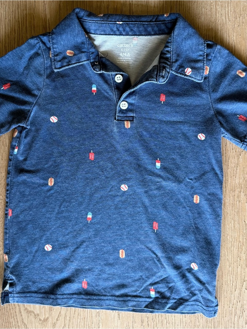 Carter's Navy Polo Shirt with Popsicle Hot Dog Baseball July 4th